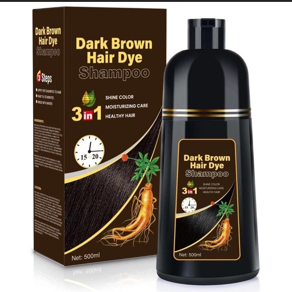 Dark Brown Hair Dye Shampoo 3-in-1 Gray Coverage Herbal Easy Use 500ml